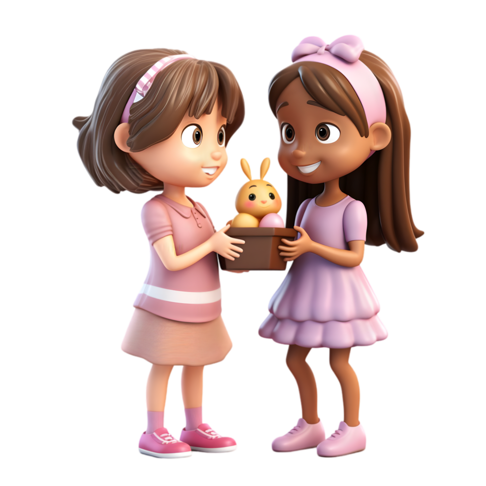 3d cartoon girls distributing tiny chocolate eggs playful setting fun animation style whimsical viewpoint png