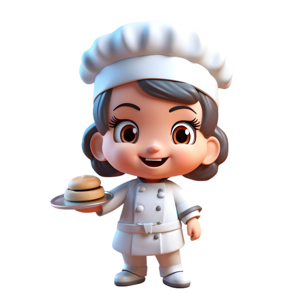 Charming chibi chef holding a tiny cake kitchen 3d art playful environment front view culinary delight png