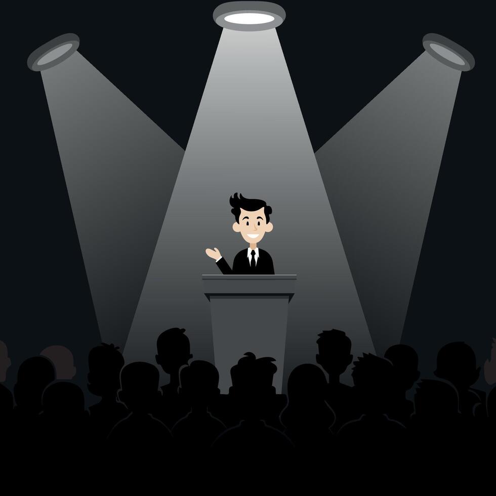Guy feels free and relaxed behind a podium for public speaking in the spotlight in front of an audience, public speaking, flat style, black and white background vector