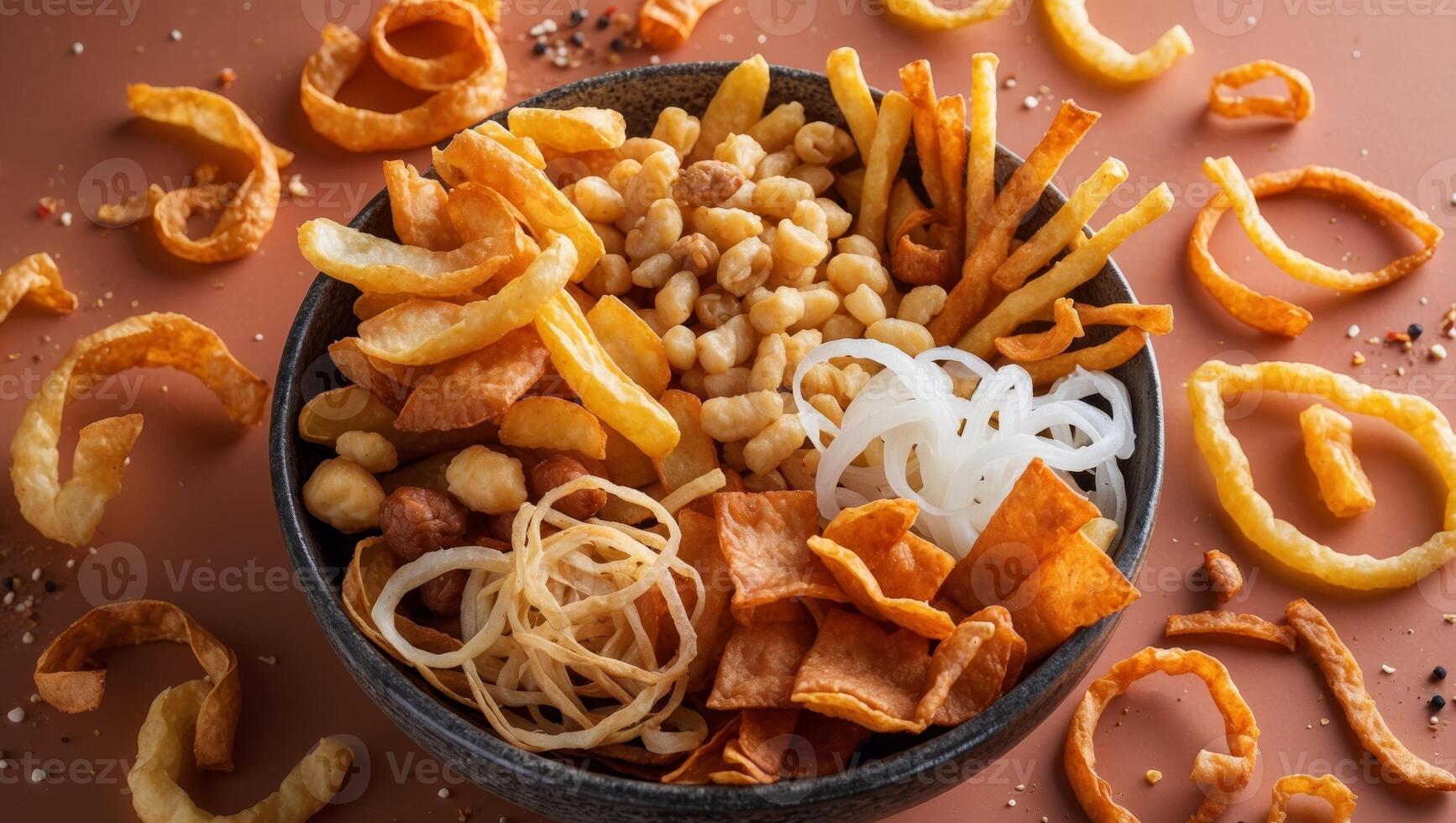 Crispy Deliciousness Indulge in a bowl filled with a variety of flavorful fried snacks. photo