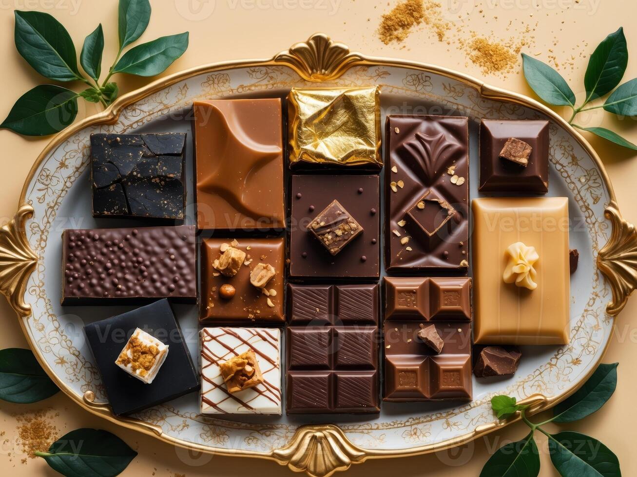 Assorted Chocolate Bars Displayed on a Decorative Platter with Rich Textures and Flavors photo
