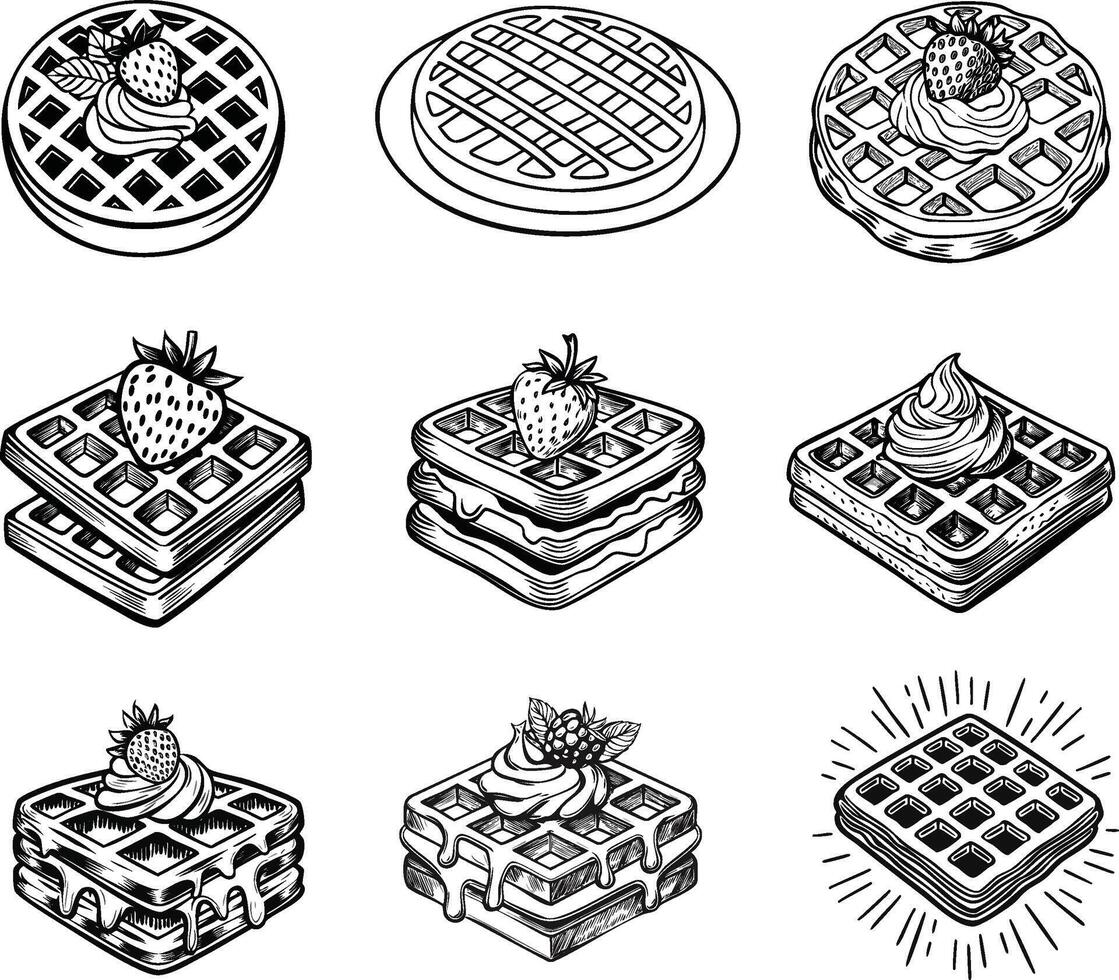 line art illustration set of black and white waffles vector