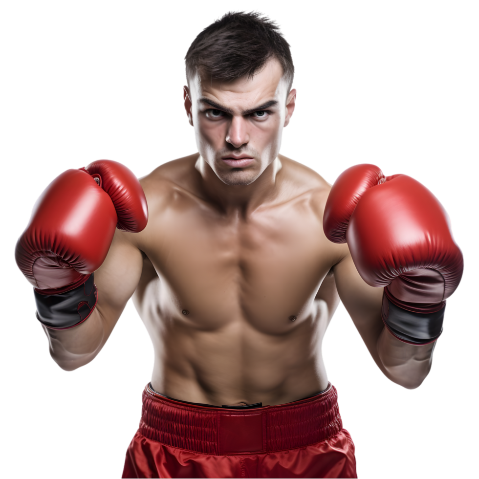 Boxing match preparation professional boxer in defensive stance gym environment action shot intense workout close-up png