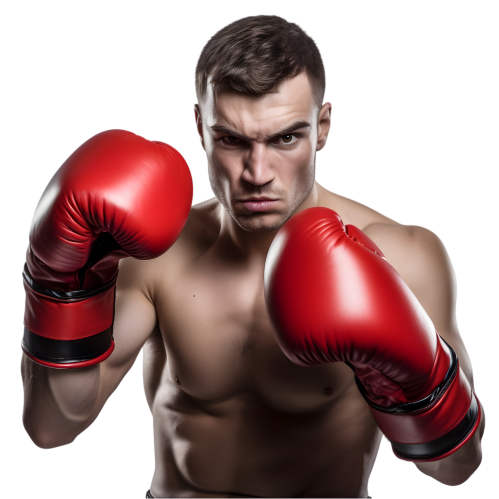 Professional boxer in red gloves mid-punch gym training session action shot dynamic environment close-up perspective png