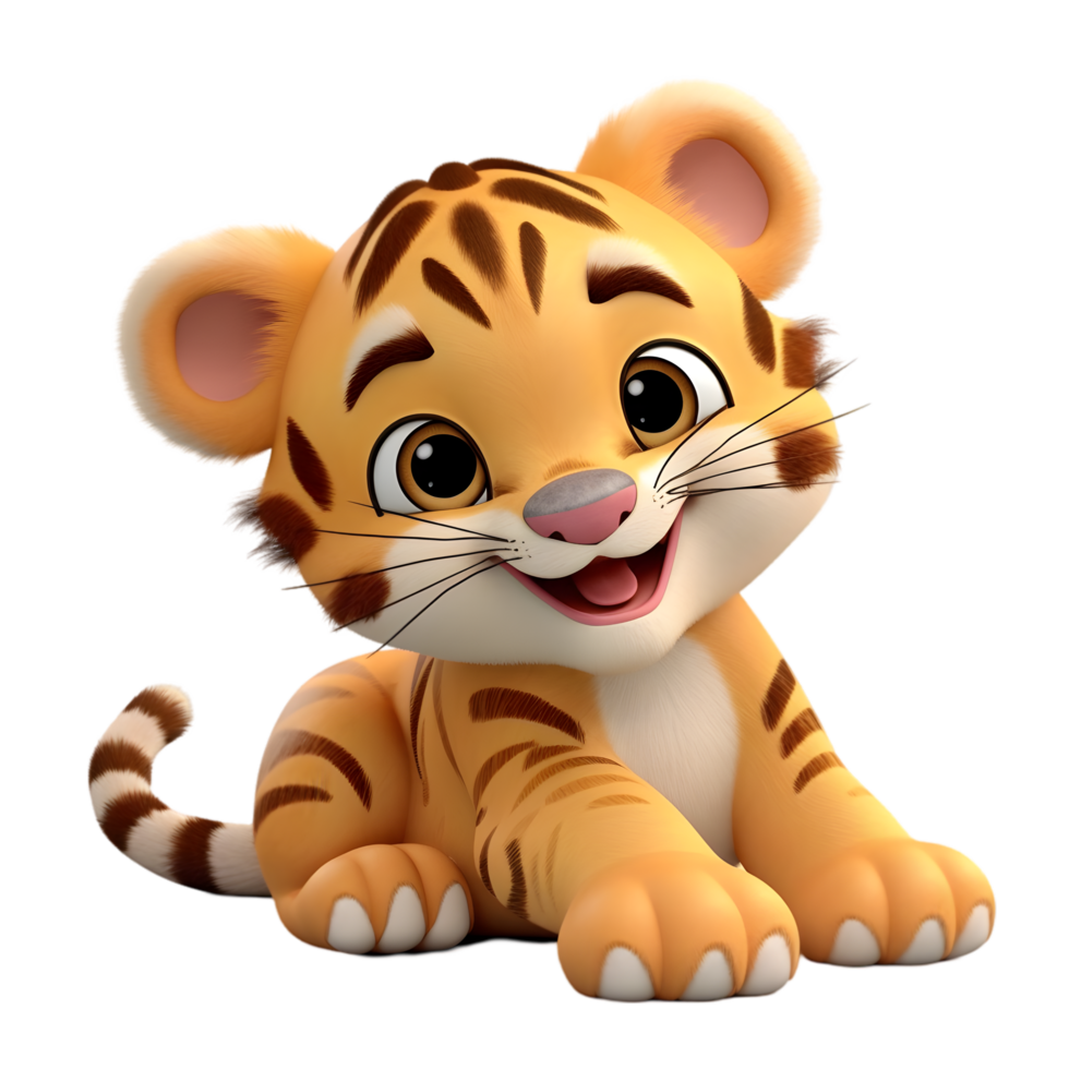 Playful cartoon tiger cub rolling on the grass sunny meadow animated character joyful environment close-up whimsical concept png