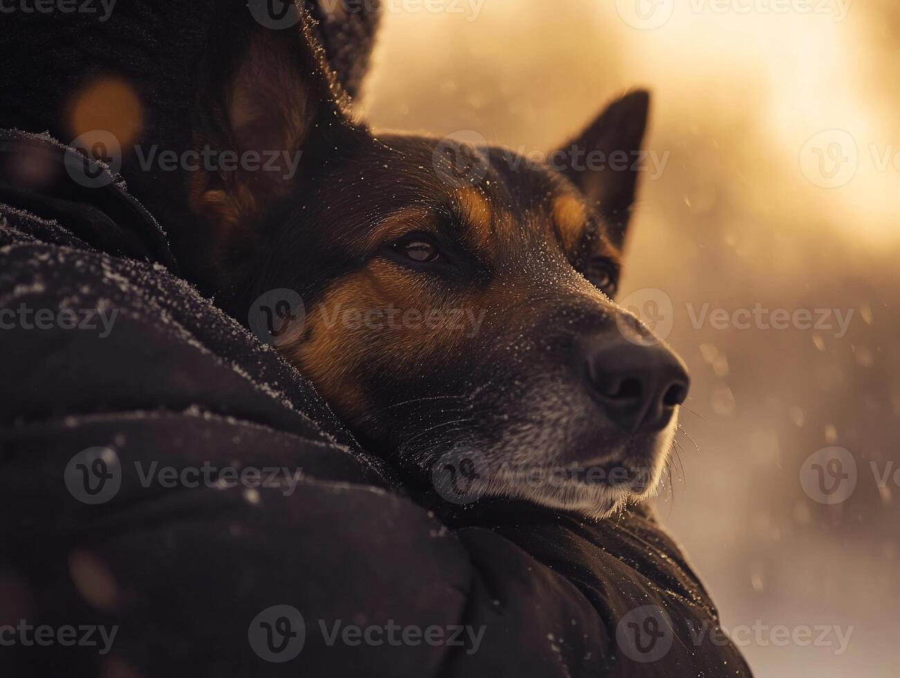 Man hugging dog in snowy winter photo