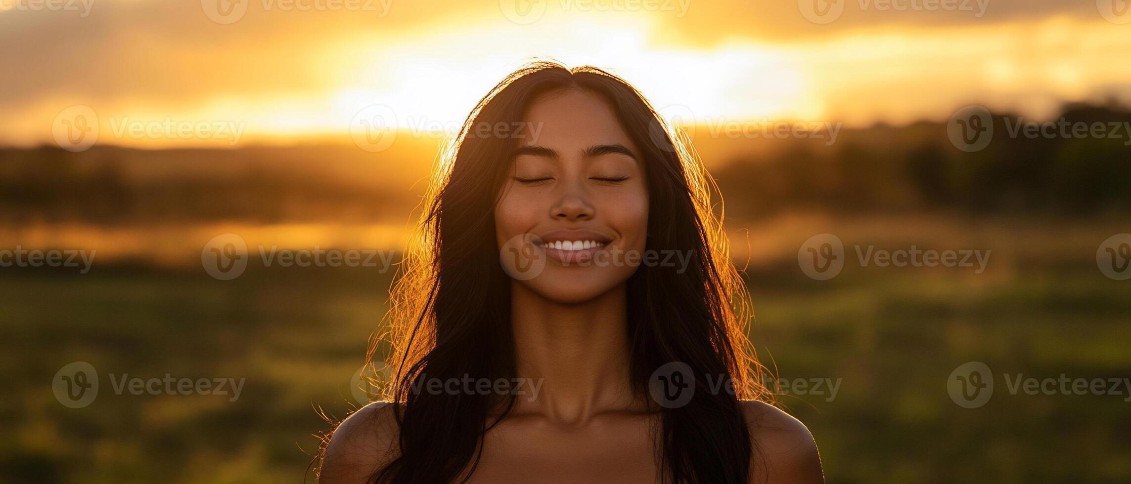 Woman meditating sunset field peace wellness photo