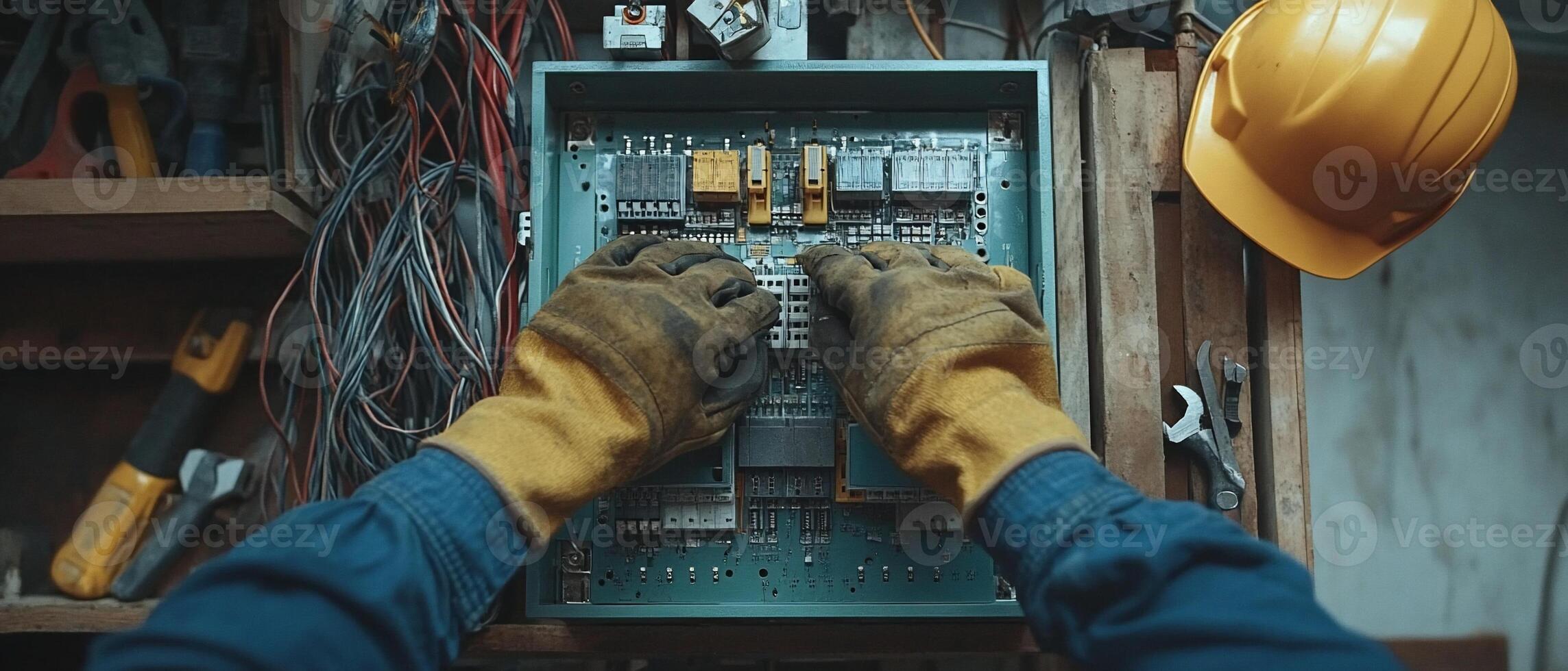 Technician repairing electrical panel, workshop background photo
