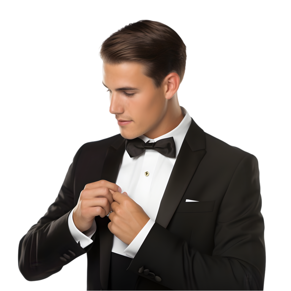Formal tuxedo fitting event for young man elegant setting portrait photography indoor capturing style and confidence png