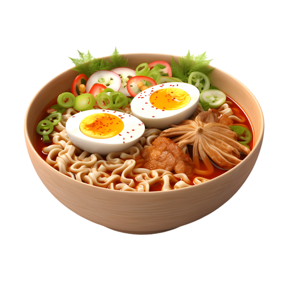 Spicy ramen bowl with soft boiled eggs japanese cuisine food photography culinary art close-up view flavorful experience png
