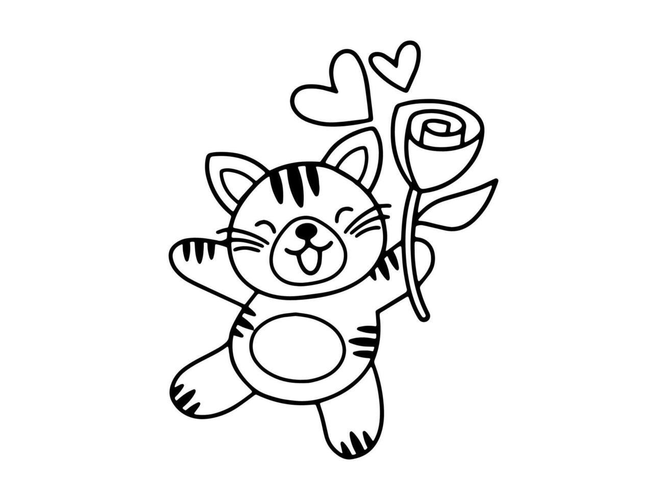 Valentine Day Tiger Holding Rose Outline vector