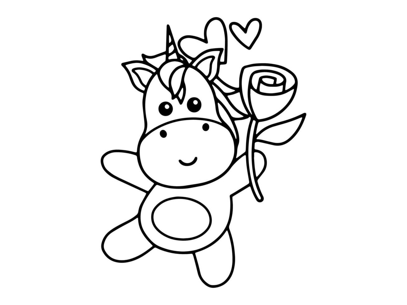 Valentine Day Unicorn Holding Rose Outline vector