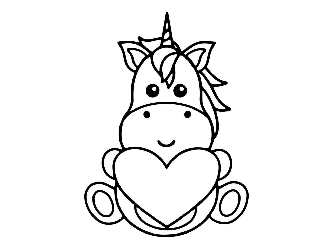 Valentine Day Unicorn Holding Heart Black and White vector