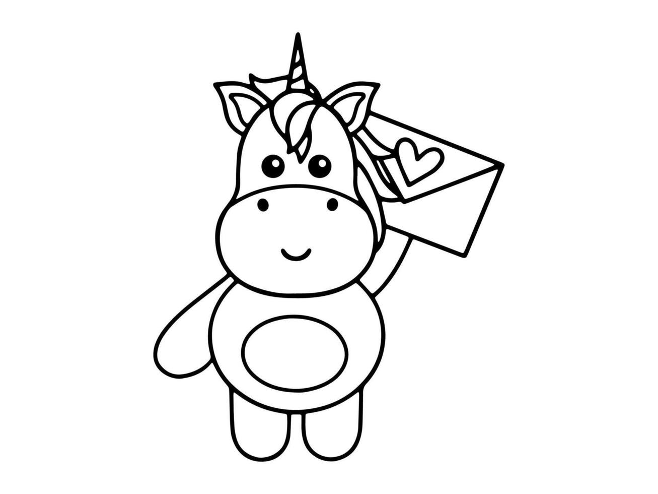 Valentine Day Unicorn Holding a Letter Black and White vector