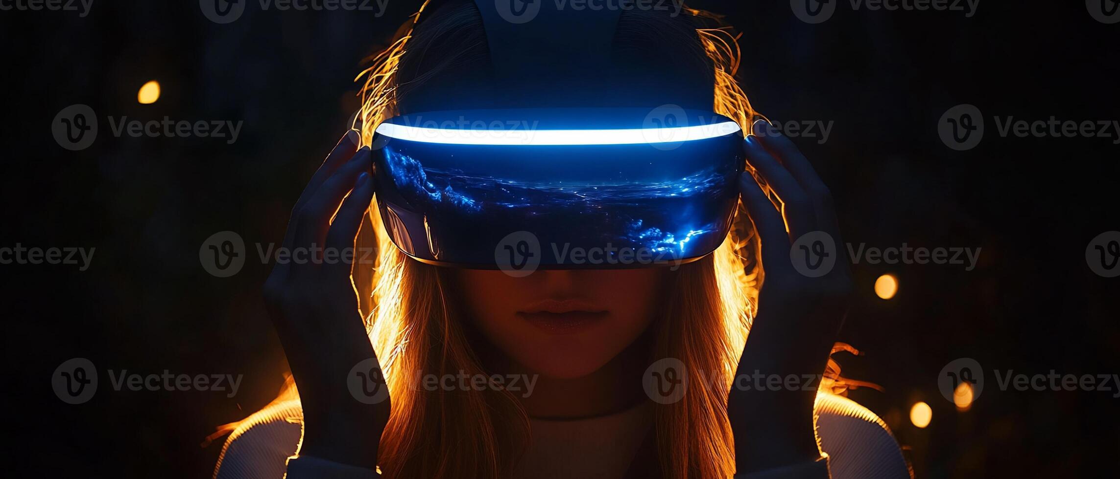 Woman exploring VR world at night. Future tech use photo
