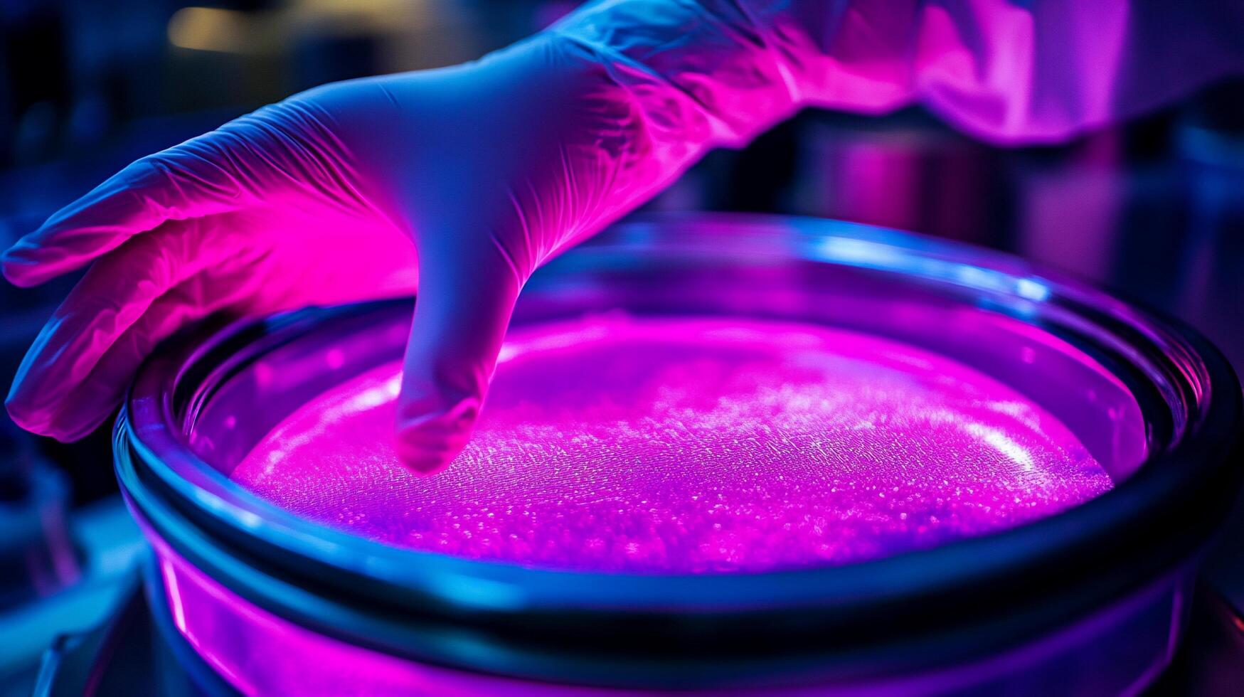 Scientist examines glowing sample in lab photo