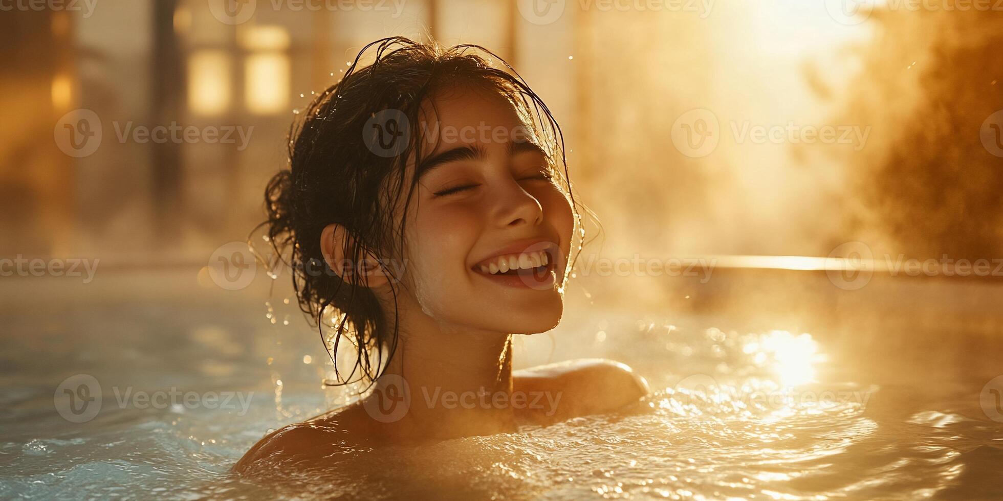 Woman relaxing in hot tub, sunset glow. Spa wellness photo