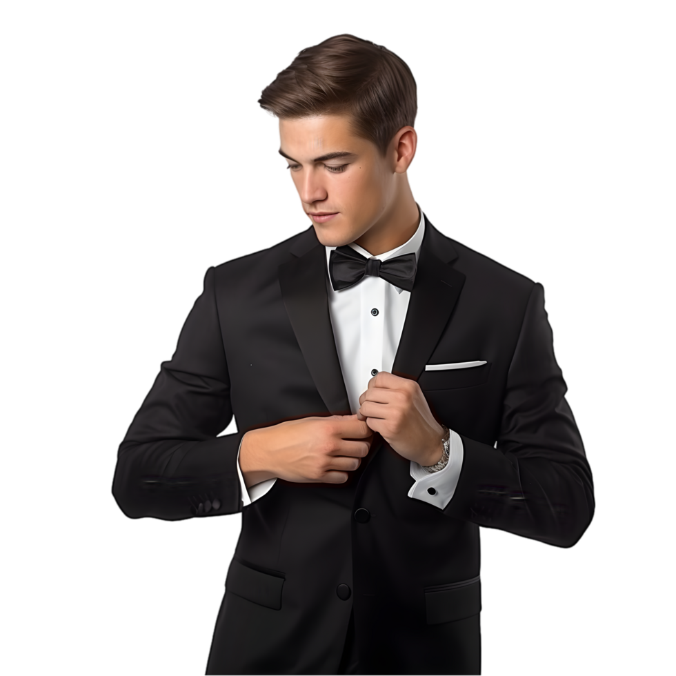 Formal young man in tuxedo preparing for event indoor setting photographic portrait elegant atmosphere close-up perspective png