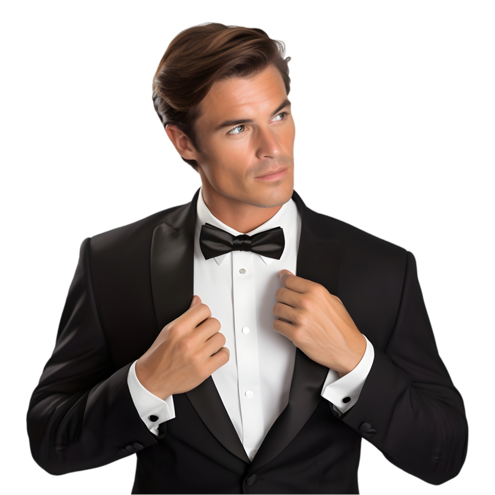 Man in tuxedo adjusting bow tie formal event fashion photography indoor setting close-up perspective elegance and style png