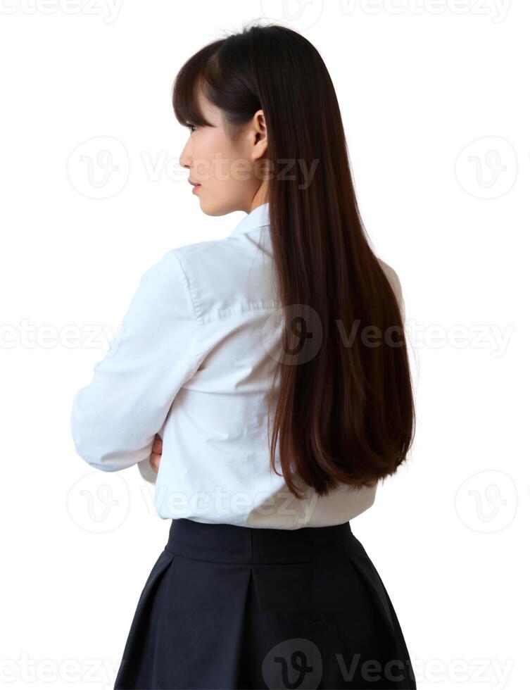 Back view of a young asian woman in a white shirt and skirt photo