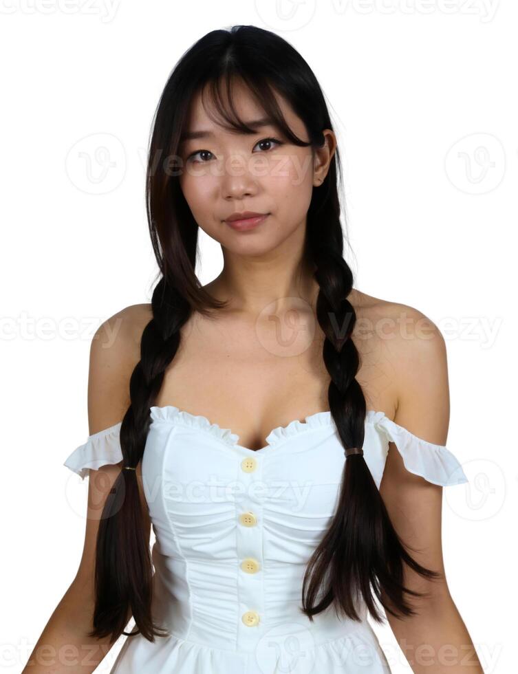 A woman with long hair wearing a white dress photo