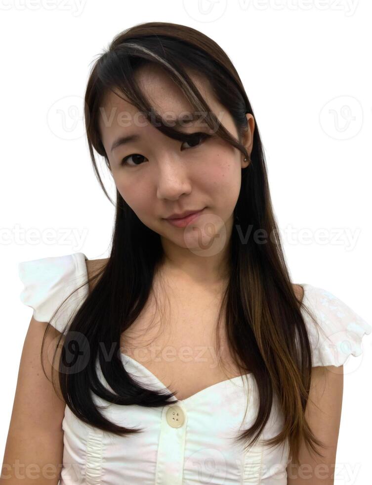 A young asian woman with long hair and a white top photo