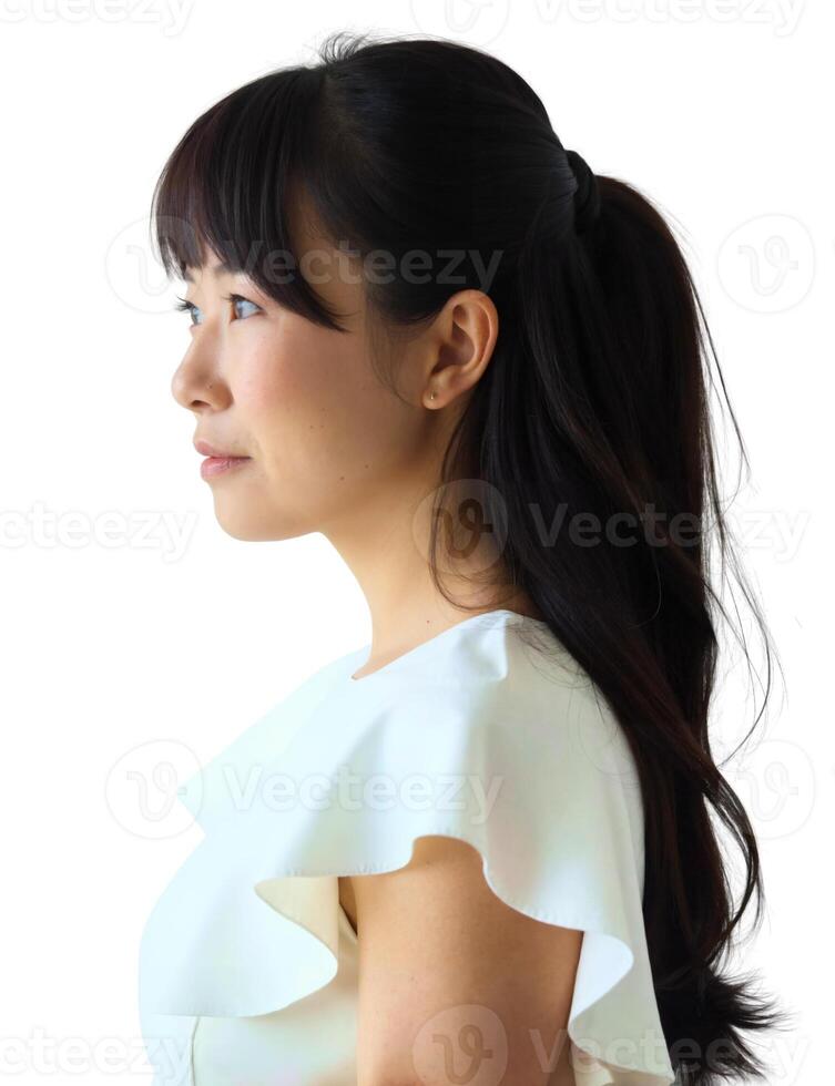 A woman with long hair in a ponytail photo