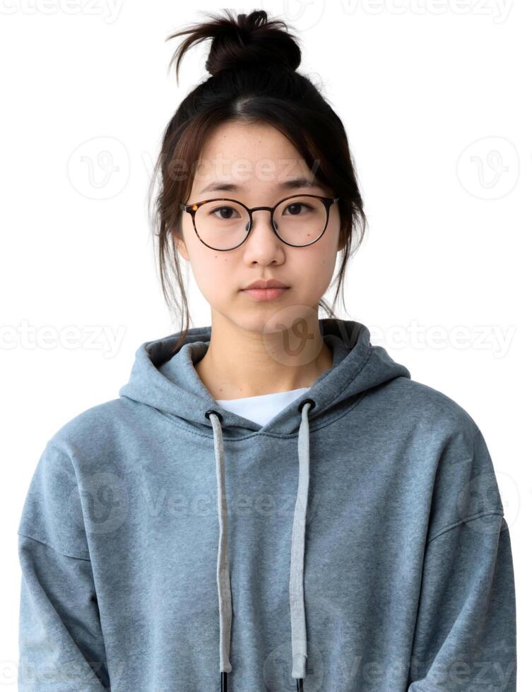 Young asian woman wearing glasses and a grey hoodie photo