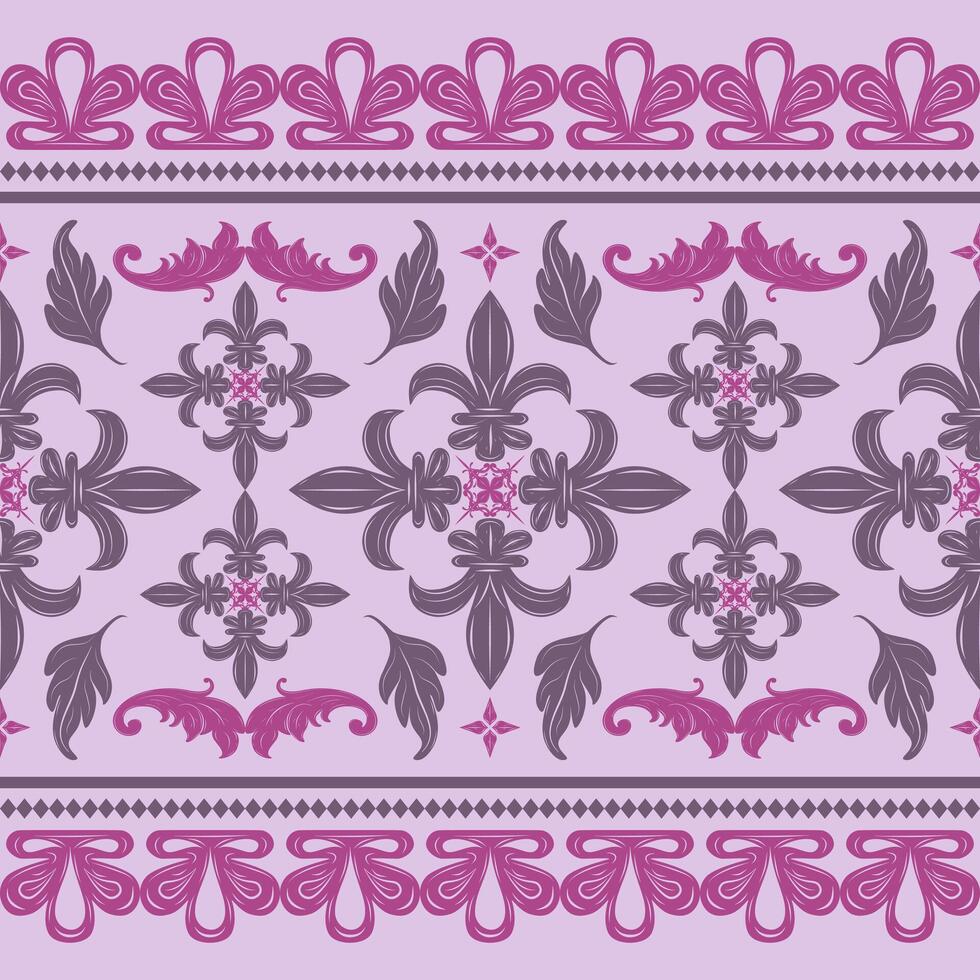 Traditional Ornate Scroll Purple Embroidery Deep on Light Violet Background Pattern. Rich Seamless Lace Exquisitely Detailed Border. Florals Buds Lily Luxury Ornament for All decoration, Fabric Silk vector