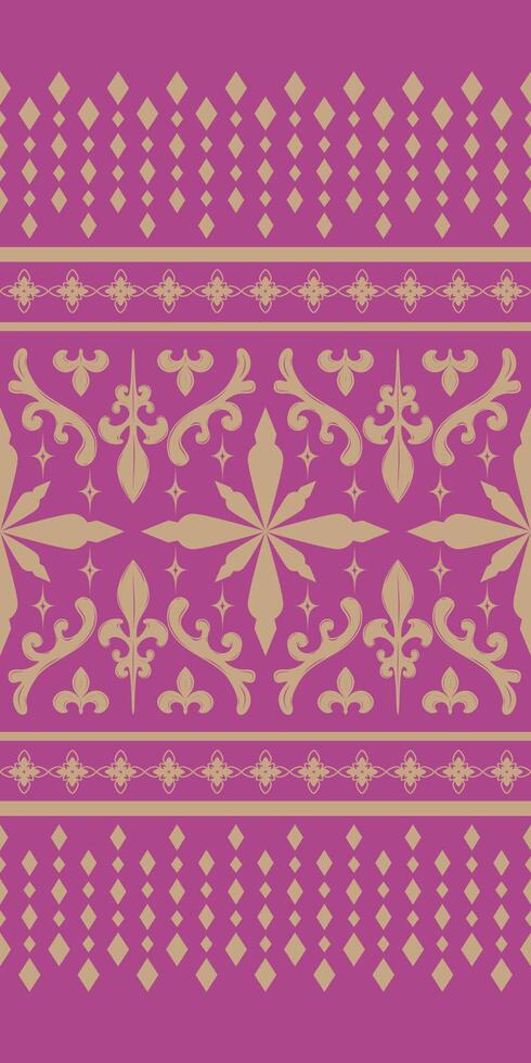 Luxury Ornament on Purple Violet and Gold Theme Embroidery Pattern. Enchant of Persia, Arabian Night Desert Decoration. Exquisitely Golden Silk Weaves Hand Draw with Florals Lace Geometric Seamless vector