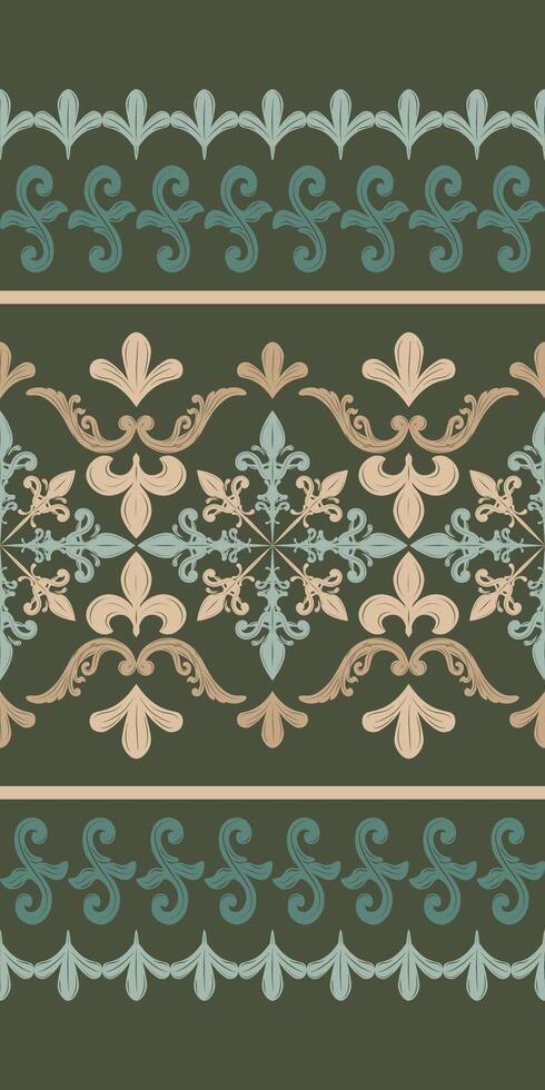 Scroll Pattern Interweaves Between the Fleur de Lis, featuring intricate, curling designs reminiscent of classical baroque and rococo style. Shades of Green and Gold making it perfect for high-end vector
