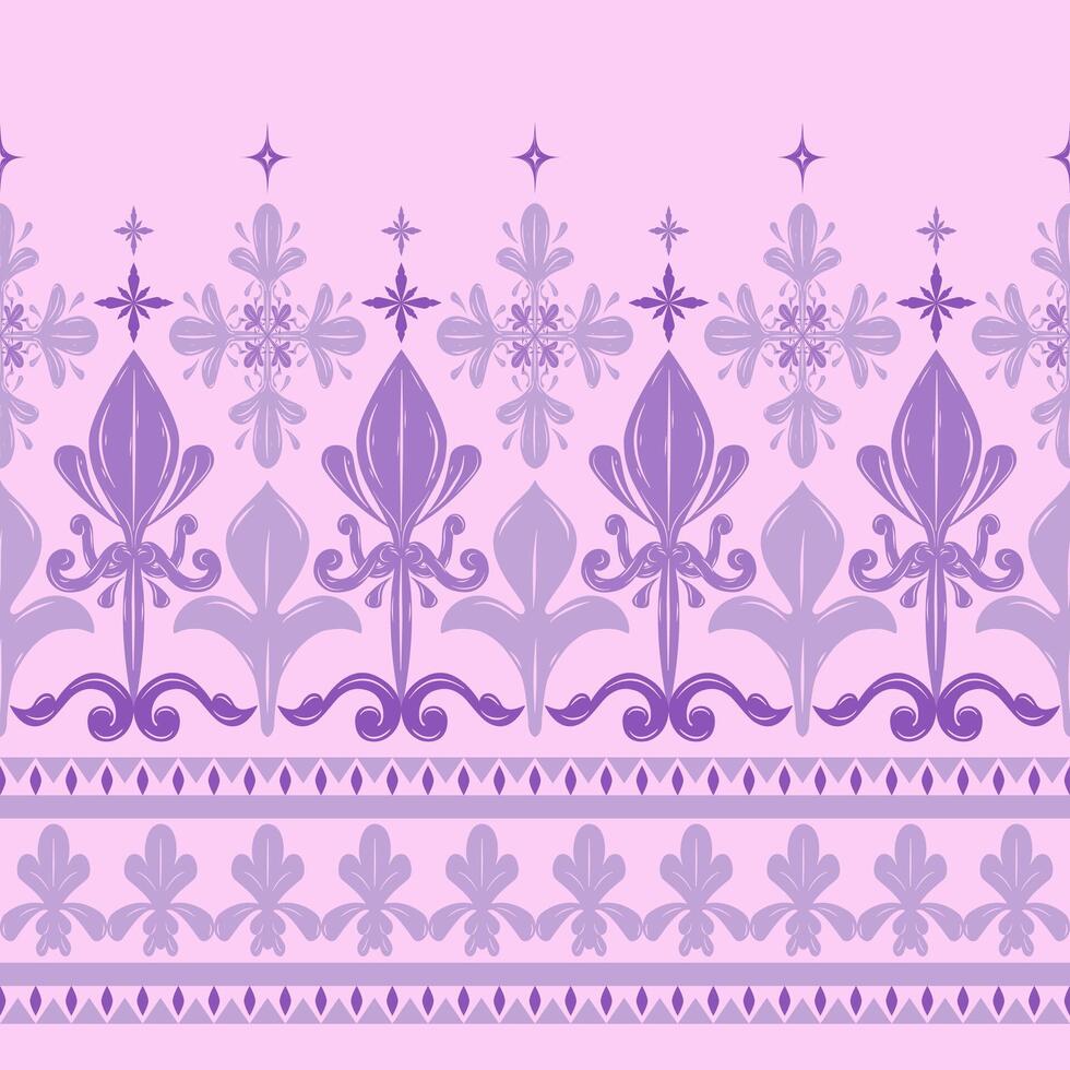 Fairy Twinkle with Purple Shades Theme. Seamless Embroidery Florals Buds Starry Stars Scroll Ornament. Delicate Exquisitely Border Classy Glamour Pattern Sweet Detailed like a Princess Design. vector