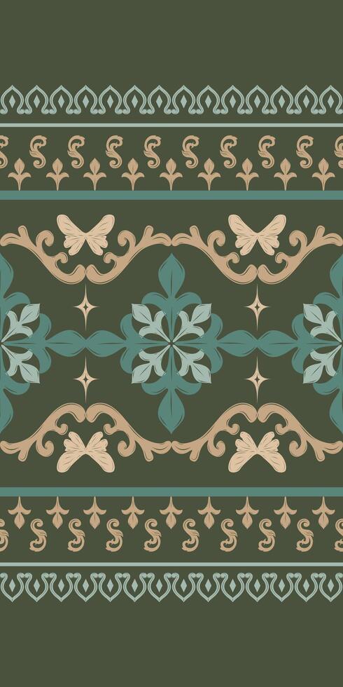 Classy Garden with Florals and Butterfly Scroll Ornament Decoration.Botany Luxury Border Green Gold Tone Detailed Elaborate Embroidery Seamless Pattern Victoria Style Deco Elegant Rich Work vector