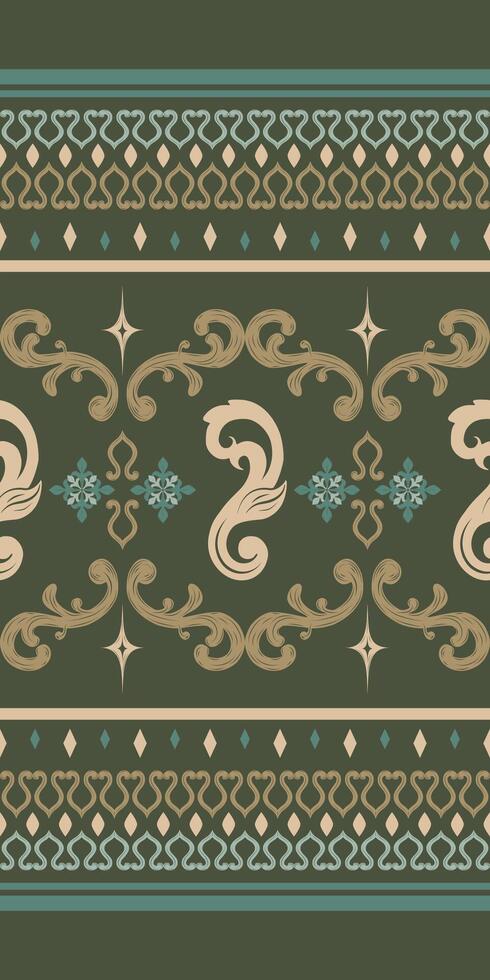 Detailed Ornate Scroll Ornament Pattern on Deep Green Olive Background. Exquisitely Embroidery Lace Gold Green Shades for Rich Elegant Texture Fabrics. cushion Pattern Decoration Glamorous weaves. vector