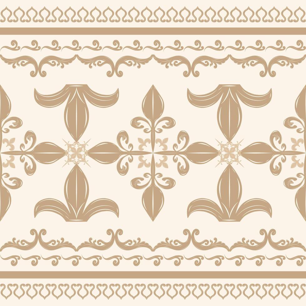 Luxury Golden Lily Fleur de lis Hand Draw Embroidery Scroll Ornament on Cream Background. Florals Pattern Seamless Lace. Rich Border for Opulence Style. Detailed of Batik Texture Traditional High vector
