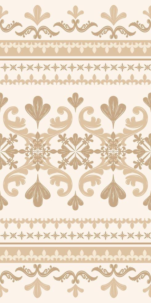 Classy Elegant Golden Silk Embroidery Texture on Cream Background. Elaborate Border Decoration Scroll Curve Ornament. Luxury sense of wealth and royalty Pattern. Seamless Rich Rim with Detailed vector