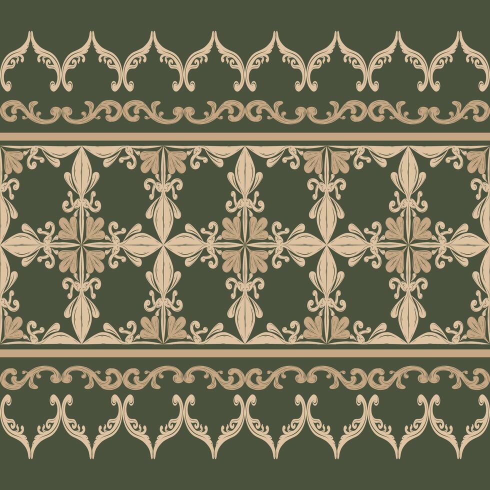 Botanical Baroque Blooming Shades of Gold on Olive Deep Green Background. Rich and Mystery Pattern for High Fashion Decorate. Exquisitely Scroll Ornament Opulence of Nature. Lace, Gothic, lily vector