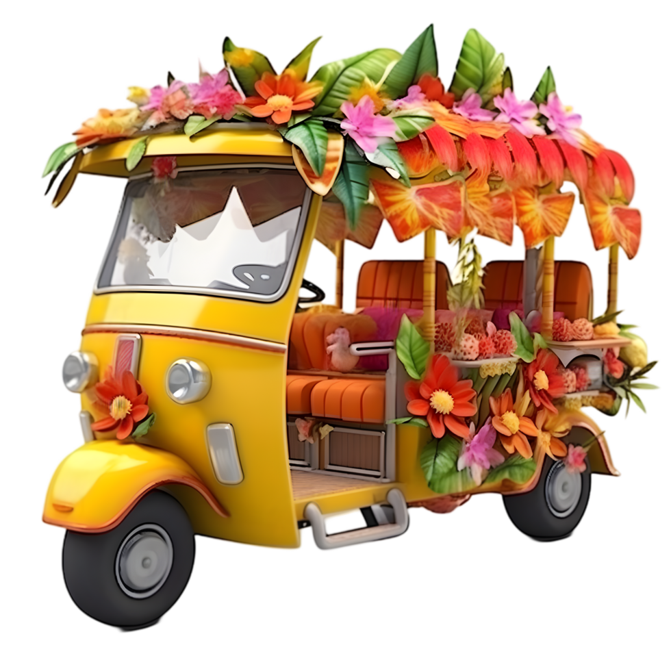 Colorful floral tuktuk adventure tropical paradise cartoon vehicle vibrant environment playful view fun concept png