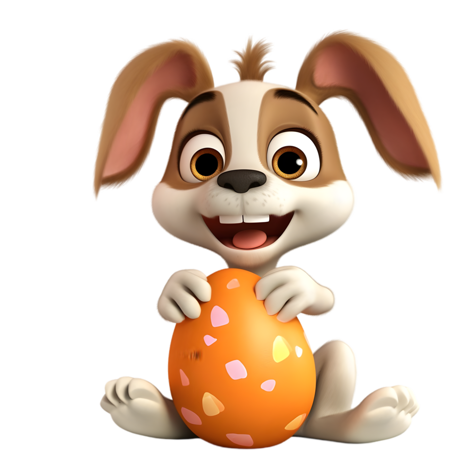 Playful cartoon dog with bunny ears and easter egg colorful garden animation whimsical atmosphere close-up view fun theme png