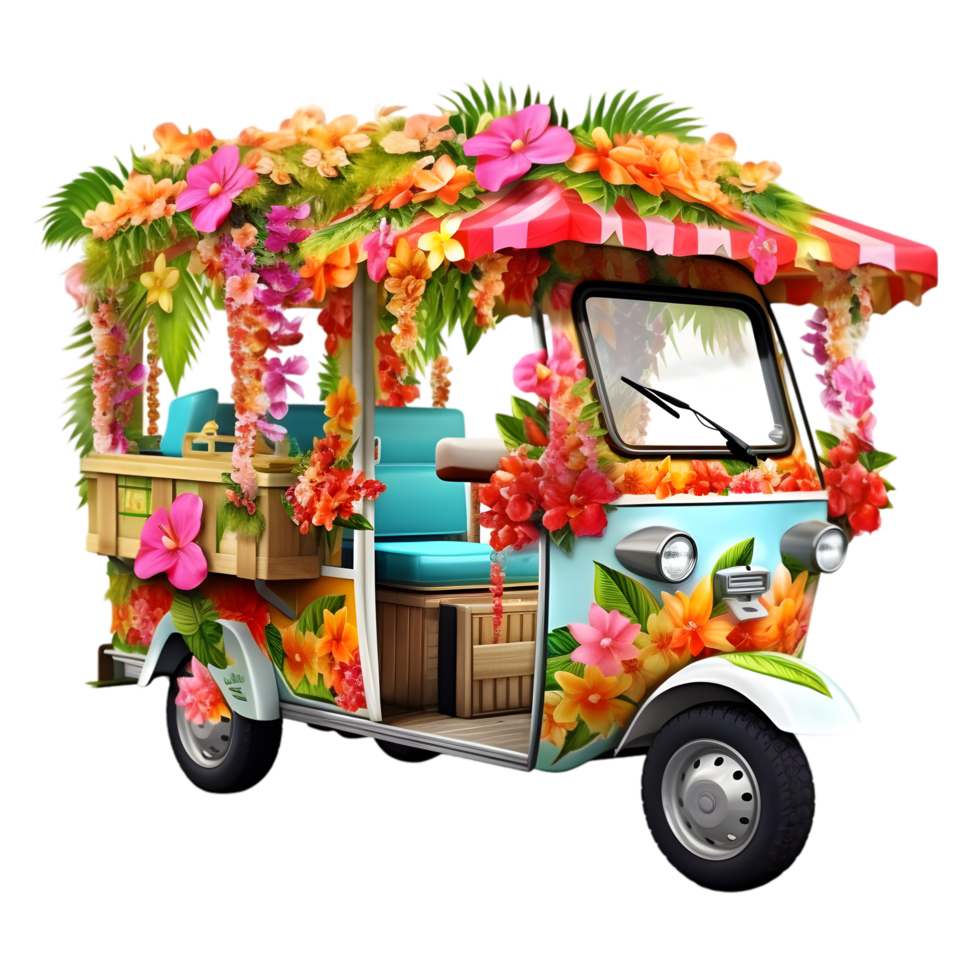 Colorful floral tuk-tuk parade tropical island digital art vibrant environment close-up joyful exploration png