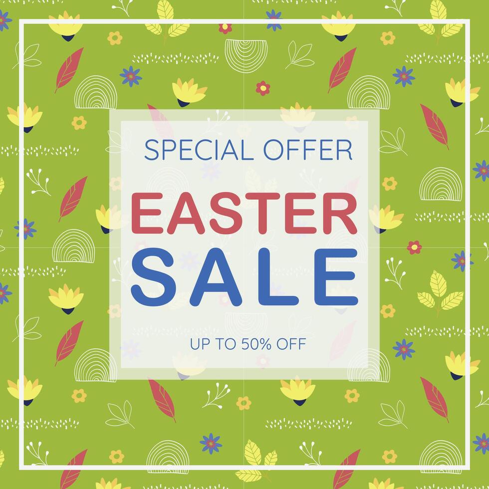 Happy Easter sale banner, greeting card. Trendy design with typography. Hand painted blooming meadow vector