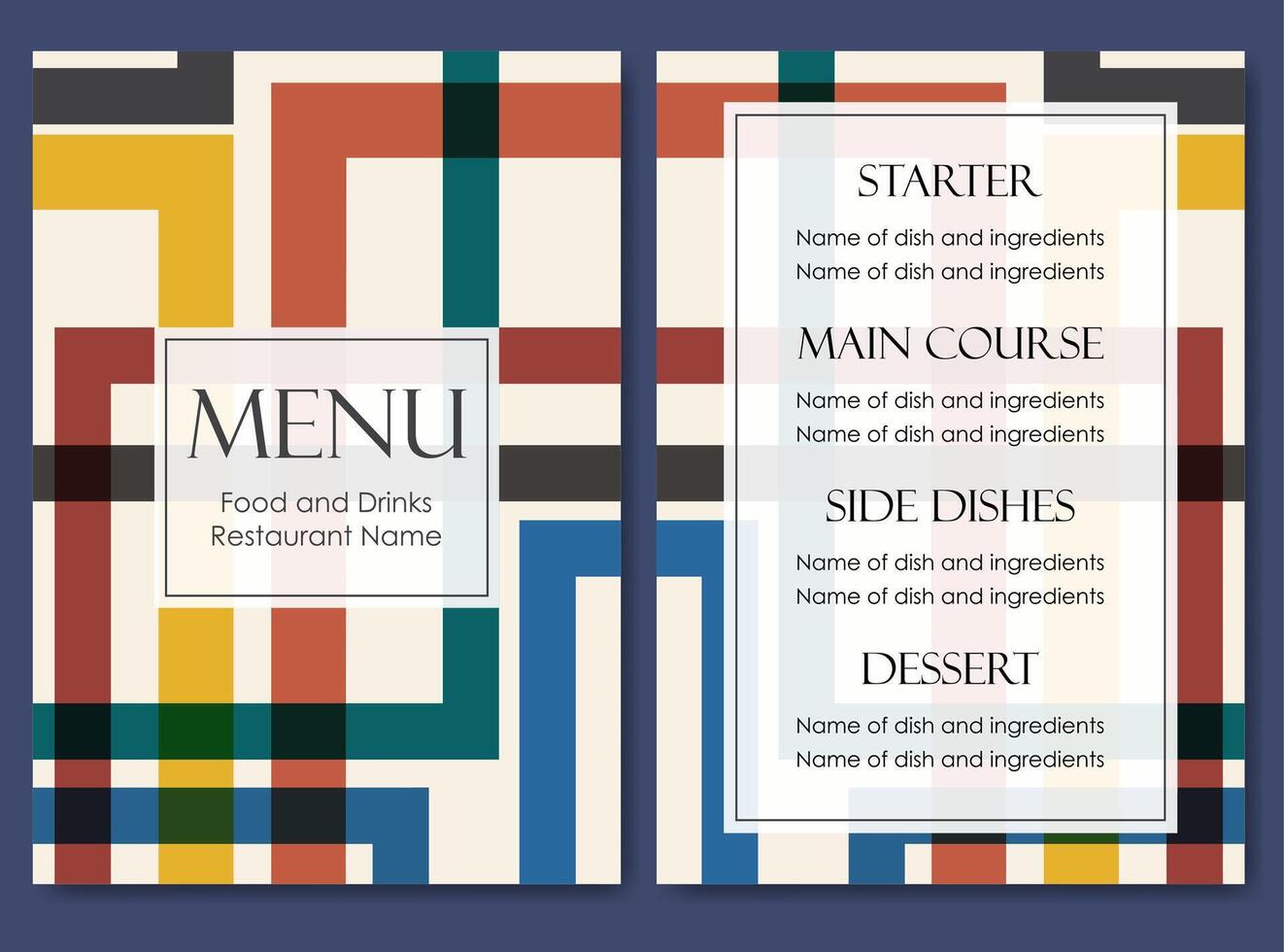 Simple colorful restaurant template. Cafe identity. Vintage creative food card with geometric elements vector