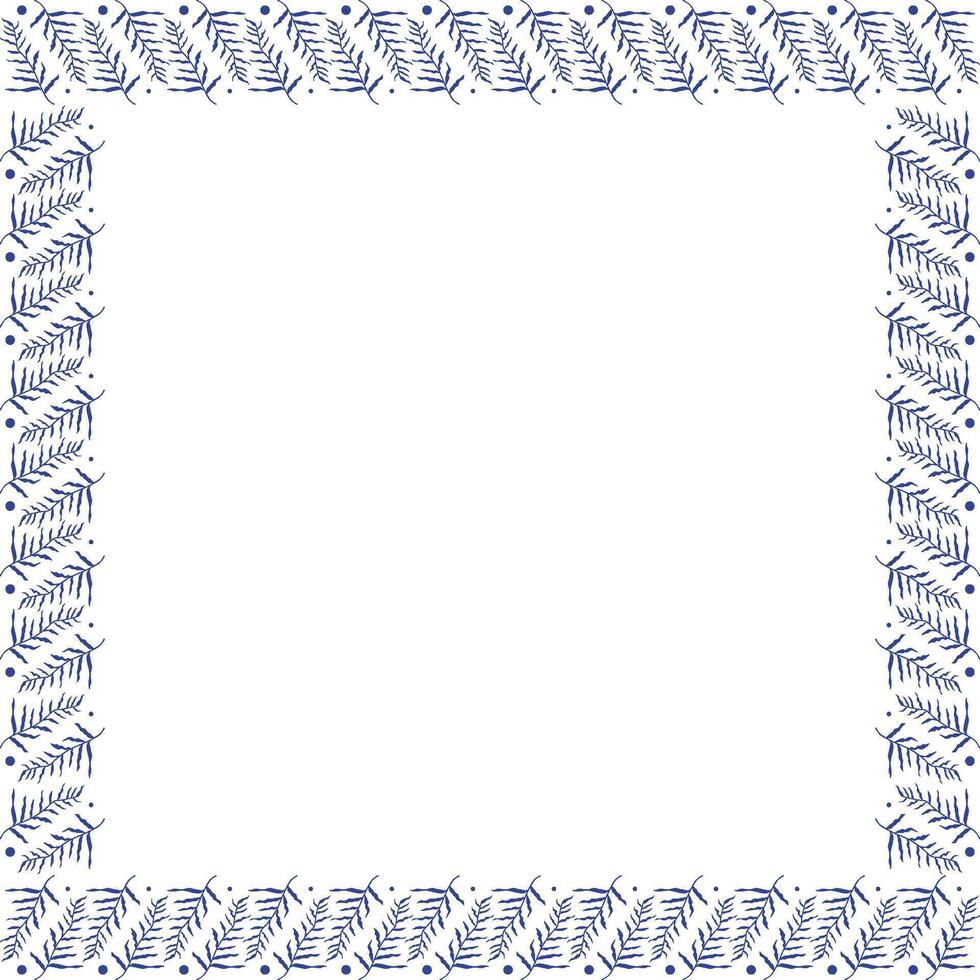 Square border frame template with flourish decoration. Blue plant branches elements vector