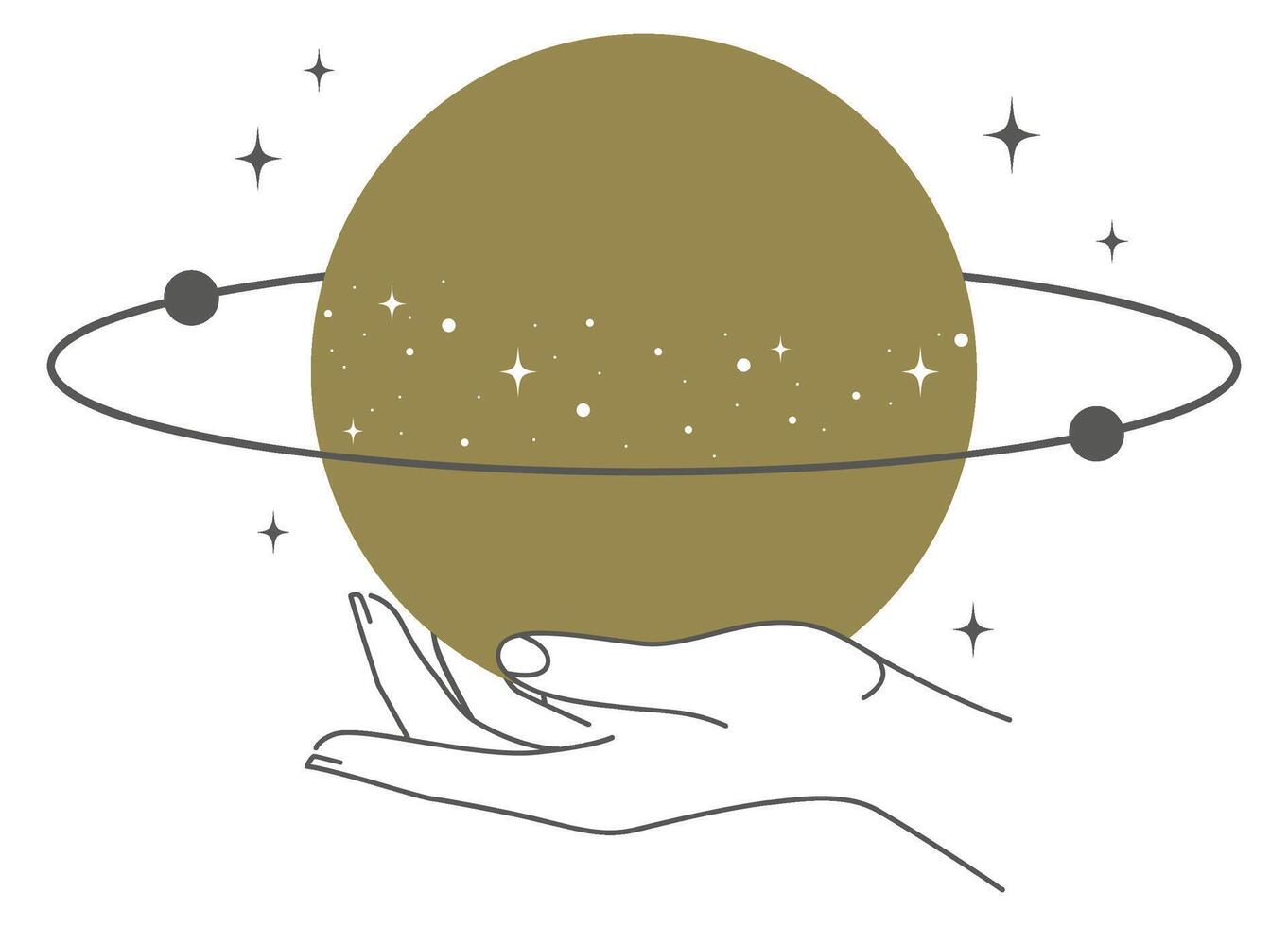 Boho doodle mystic hands. Hand drawn esoteric icon, simple heavenly logo element with saturn planet vector