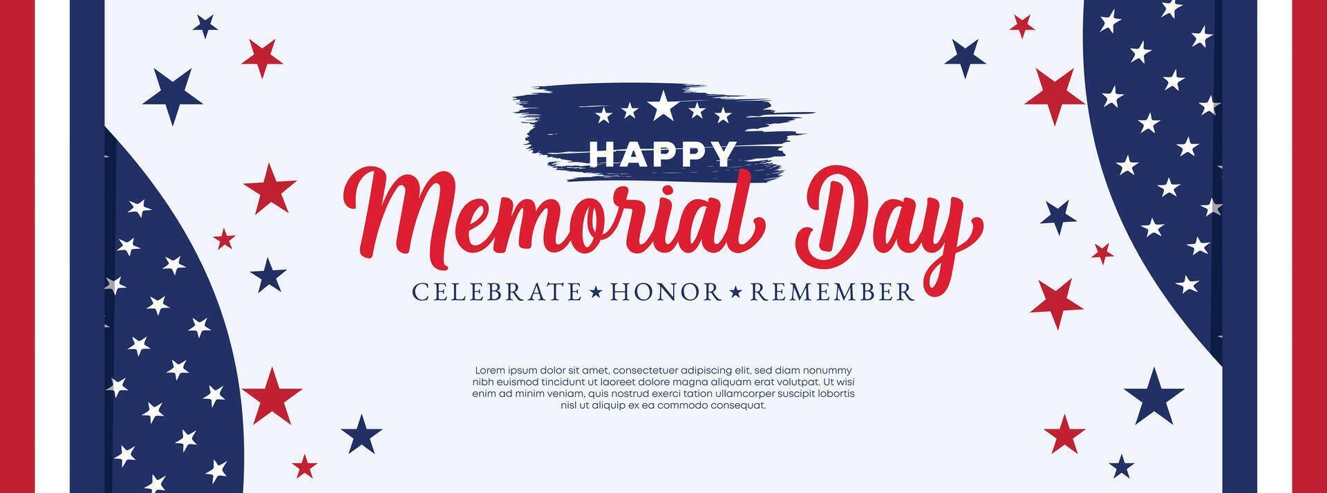Patriotic Memorial Day banner with stars, stripes, and festive design for marketing campaigns, websites, and promotional materials vector