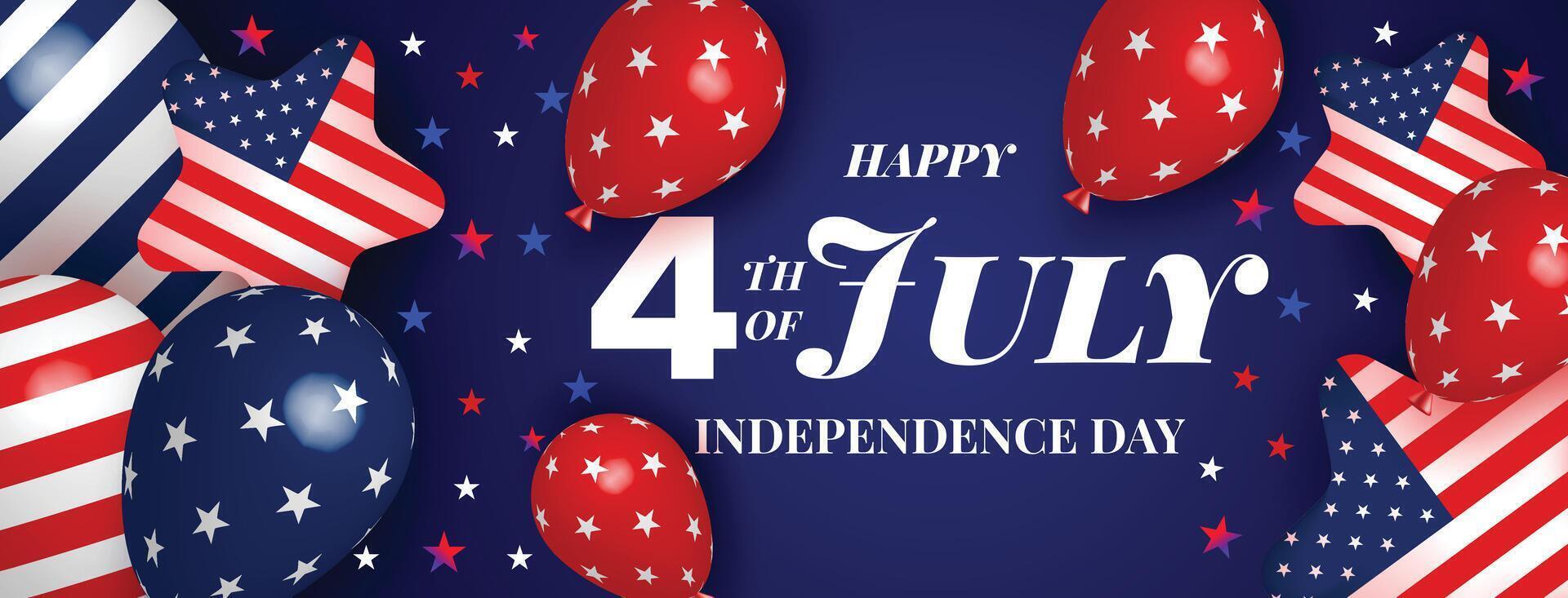 Dark blue modern 4th of July independence day background with American flag balloons, stars, and abstract patriotic elements vector