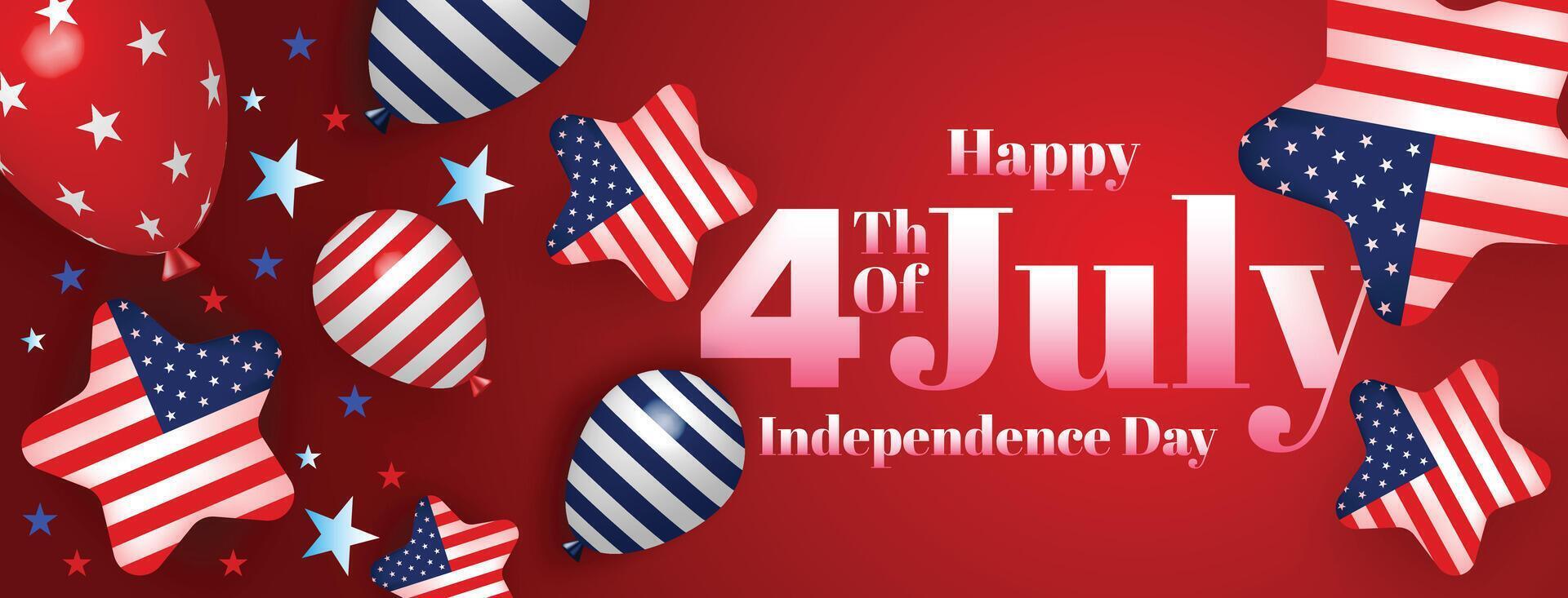 Vibrant red 4th of July independence day celebration background with USA flag balloons, stars, and patriotic decorations vector