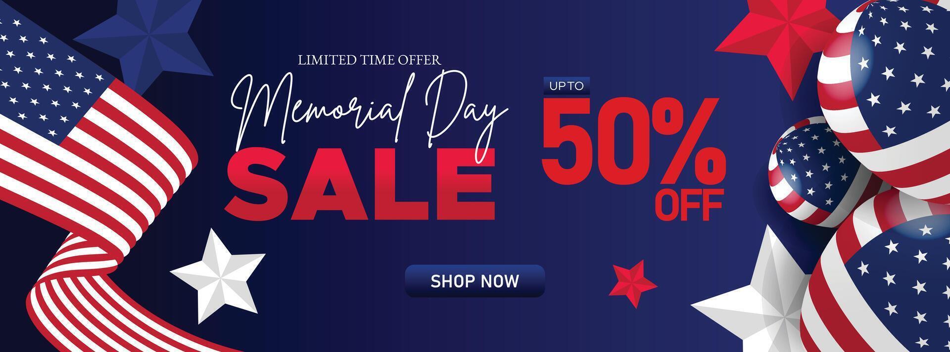 Patriotic Memorial Day sale banner with red, white, and blue design and 50 percent off for special offer campaigns and digital marketing vector