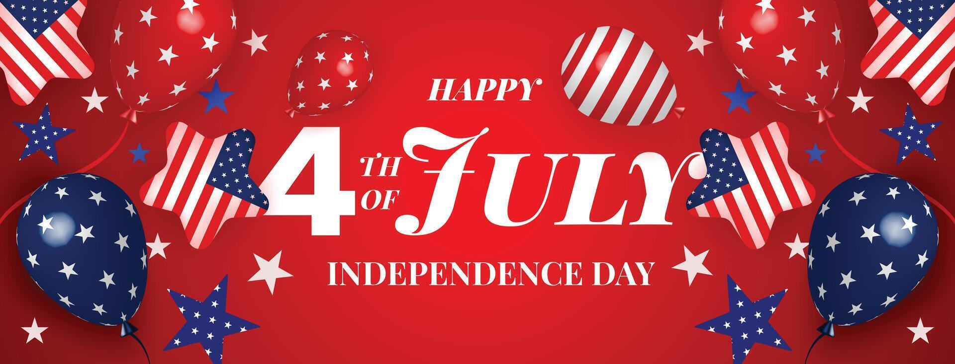 Vibrant red-themed 4th of July independence day banner with American flag balloons, stars, and patriotic elements vector