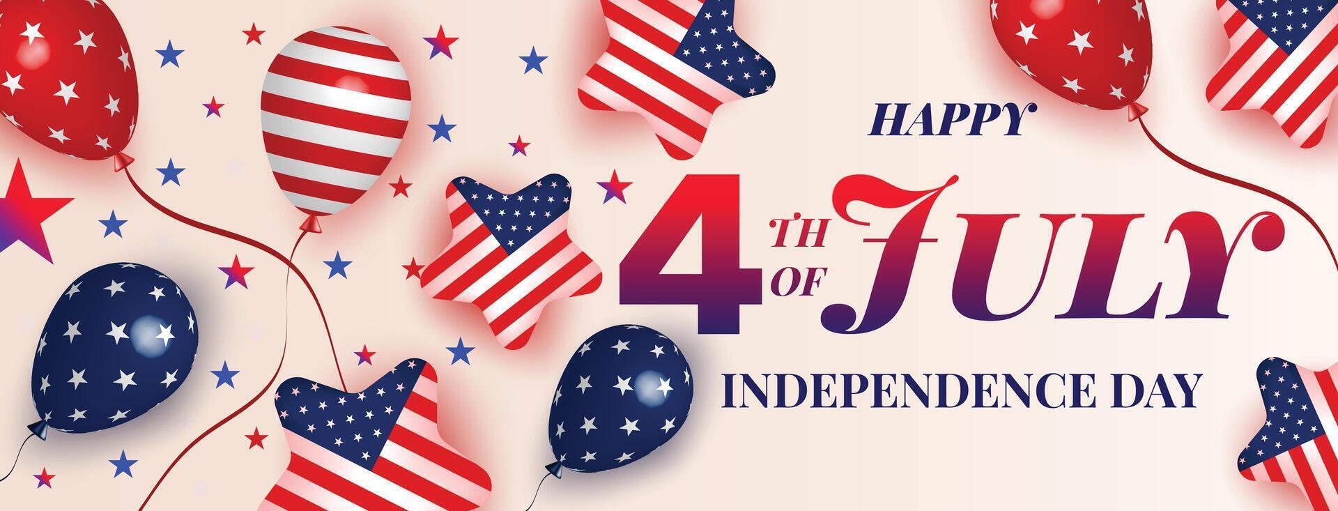 Elegant 4th of July independence day celebration background with USA flag balloons, stars, and festive patriotic decorations vector